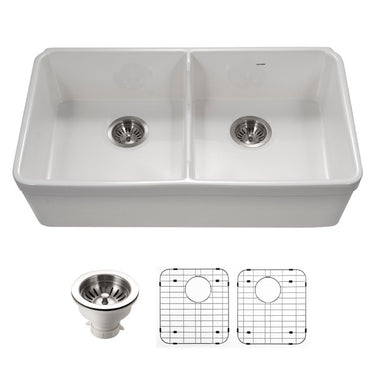 Houzer Platus 32 inch White Fireclay Apron Front Farmhouse 50/50 Double Bowl Kitchen Sink with Low Divider